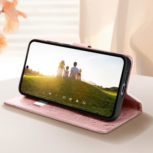 Fodral för Samsung Galaxy A55 Plånbok Flower Butterfly med handledsrem pulverrosa