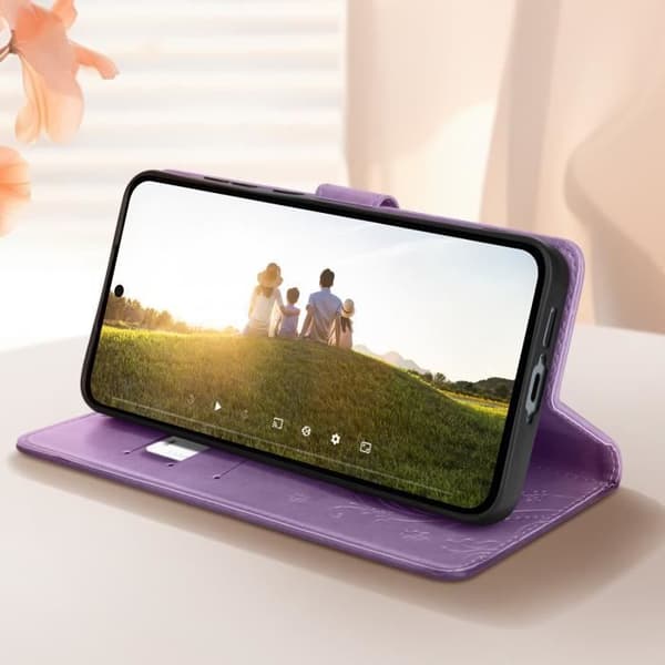 Fodral för Samsung Galaxy A55 Plånbok Flower Butterfly med handledsrem Ljuslila