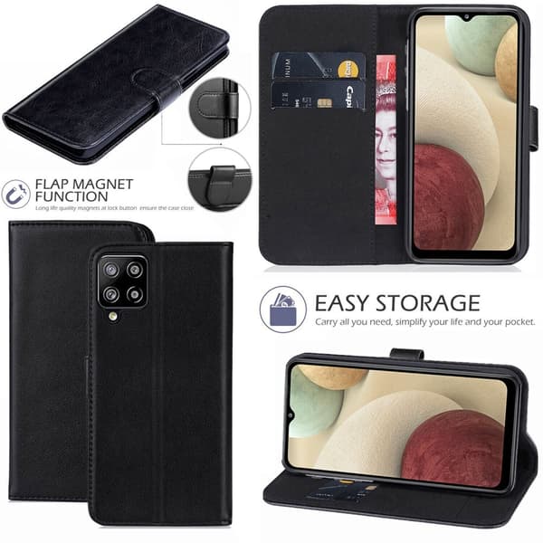 Case Leather Wallet Book Flip Stand Cover Phone Samsung Galaxy A12 5G BLACK BOOK