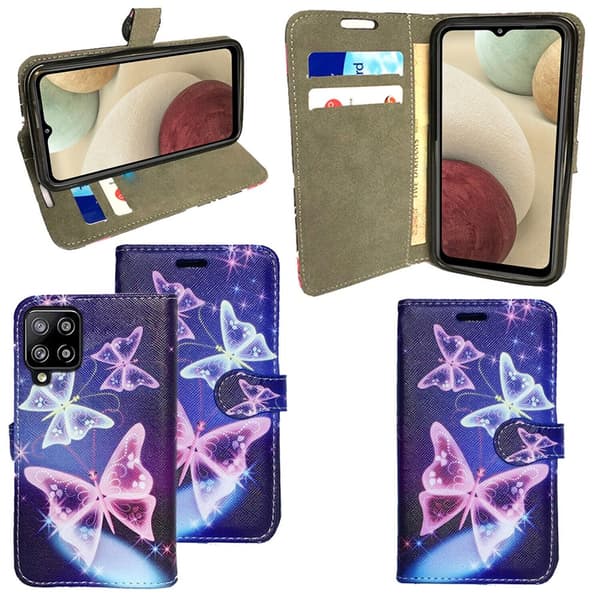 Case Leather Wallet Book Flip Stand Cover Phone Samsung Galaxy A12 BUTTERFLY BLUE BOOK