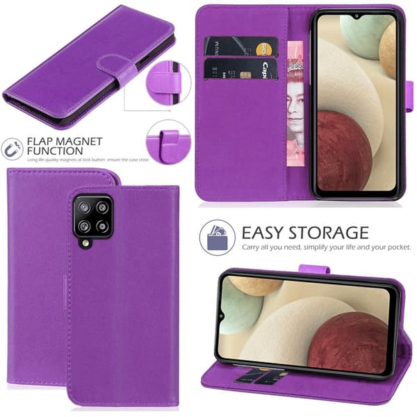 Case Leather Wallet Book Flip Stand Cover Phone Samsung Galaxy A12 PURPLE BOOK