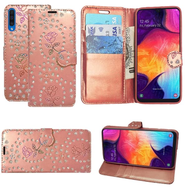 Phone Case Leather Flip Wallet Cover Samsung Galaxy S10e Rose on Rose Gold Diamond