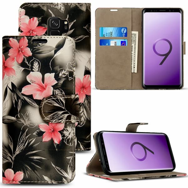 Phone Case Leather Flip Wallet Cover Samsung Galaxy S10e Pink Flower Dark Grey
