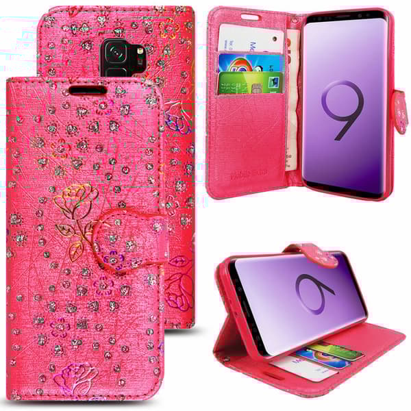 Phone Case Leather Flip Wallet Cover Samsung Galaxy S22 Plus Rose On Pink Diamond