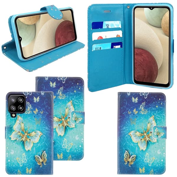 Case Leather Wallet Book Flip Stand Cover Phone Samsung Galaxy A12 5G BUTTERFLY GOLD BOOK