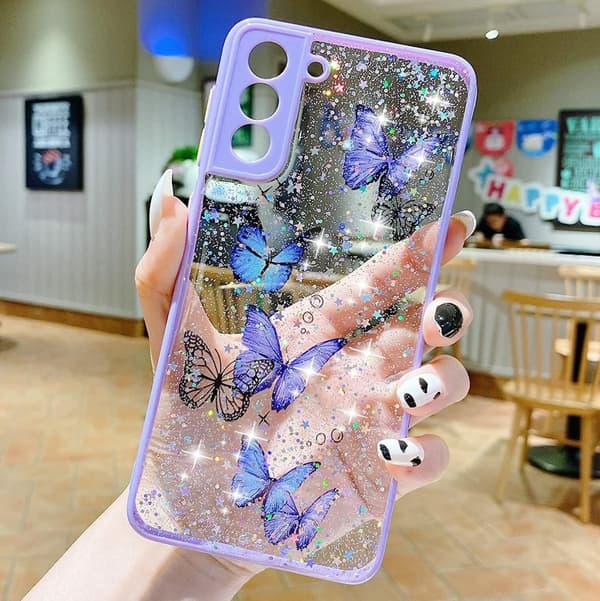 Shockproof Flower TPU Soft Phone Case Samsung Galaxy S21 Butterfly - Purple