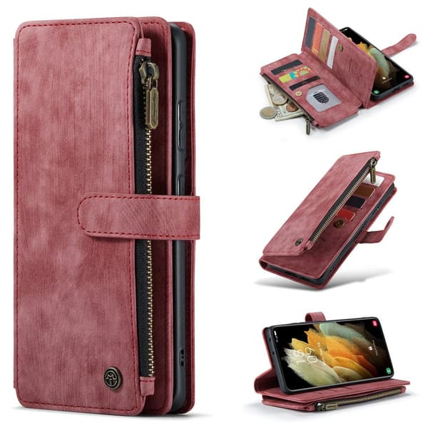 Leather Zipper Purse Wallet Phone Case Flip Cover Samsung Galaxy A52S 5G Red