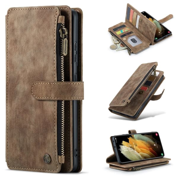 Leather Zipper Purse Wallet Phone Case Flip Cover Samsung Galaxy S23 Brown