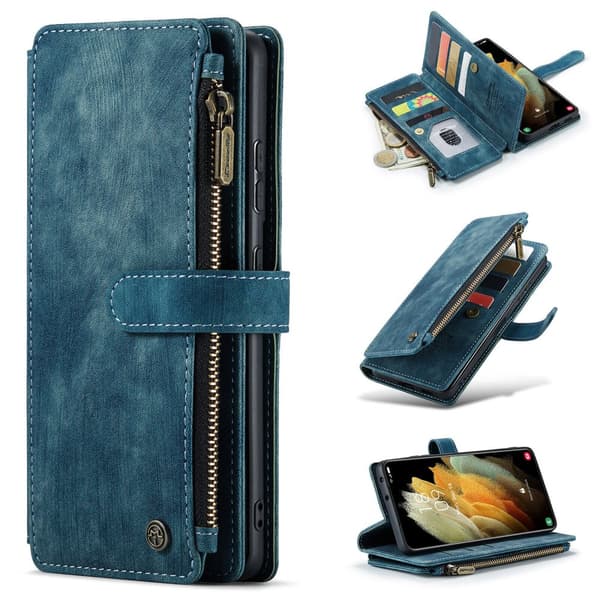 Leather Zipper Purse Wallet Phone Case Flip Cover Samsung Galaxy S24 Ultra Blue