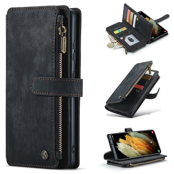 Leather Zipper Purse Wallet Phone Case Flip Cover Samsung Galaxy S24 Ultra Black