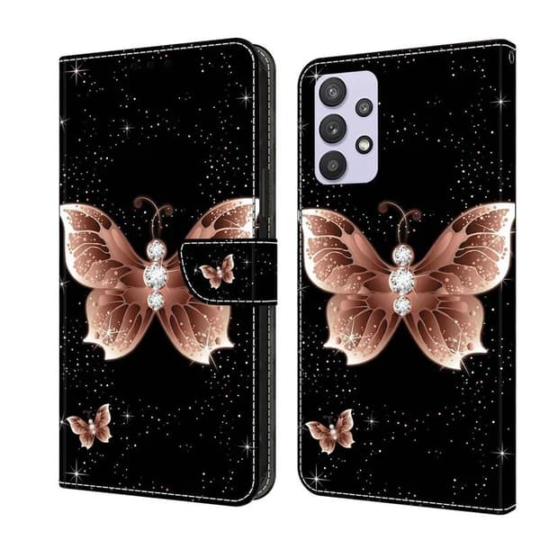 Painted Flip Leather Wallet Phone Case Samsung Galaxy A14 Black Pink Butterfly