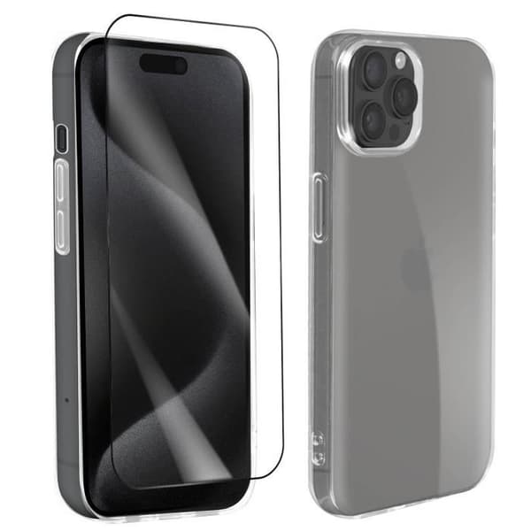 Skal till iPhone 15 Pro Max Mjukt Transparent 9H härdat glas Svart Bigben