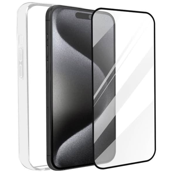 Skal till iPhone 15 Pro Max Mjukt Transparent 9H härdat glas Svart Bigben