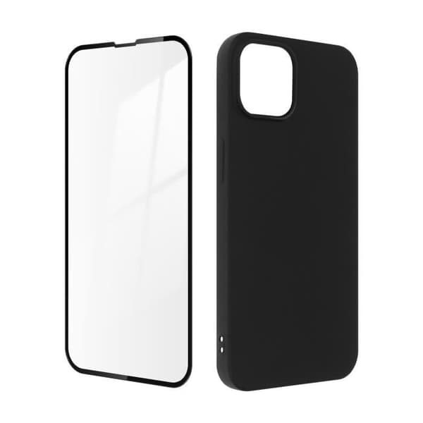 iPhone 14 fodral svart mjuk gel silikon och 9H härdat glas svart kontur