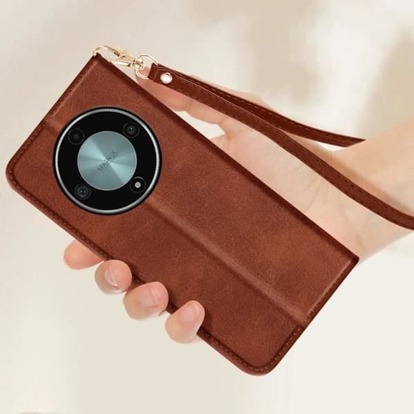 Fodral för Honor Magic 6 Lite 5G Flip Wallet Support handledsrem Brun