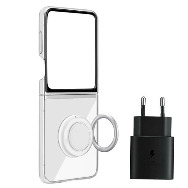 Paket för Samsung Z Flip 5 Transparent Ring-fodral och original USB-C-laddare
