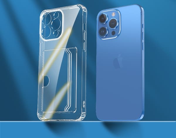 Gennemsigtigt iPhone 12-etui med kortholder i siden - slidstærkt og let
