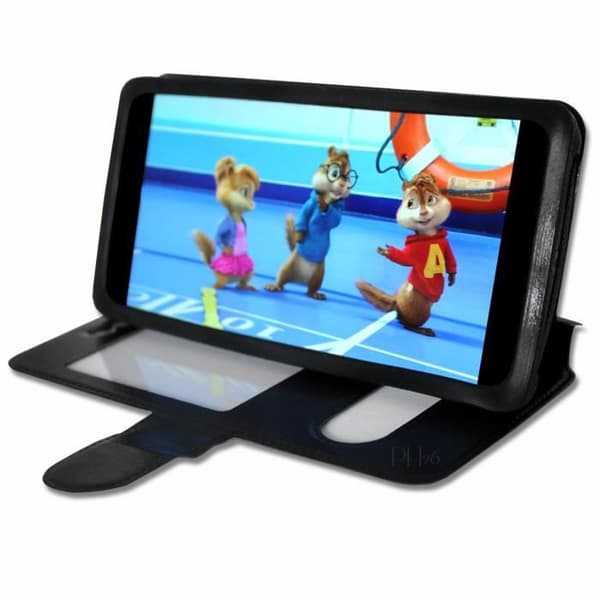 Oppo A73s Extra Slim Black Folio Case X 2 Windows i ekologiskt kvalitetsläder med magnetisk stängning och synliga sömmar