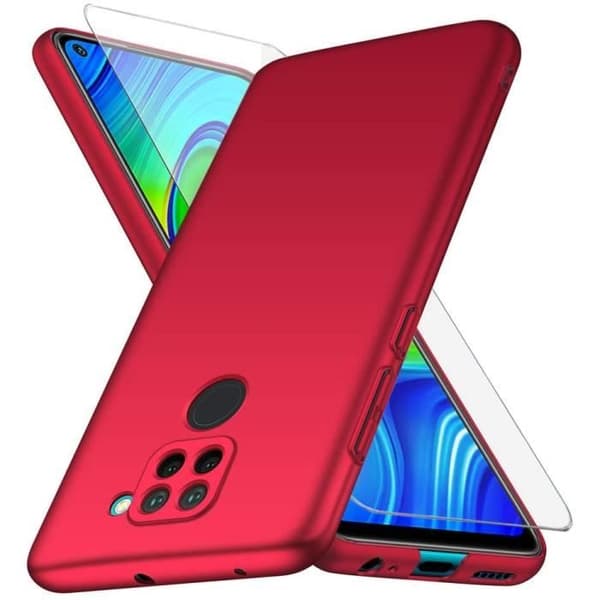 Xiaomi Redmi Note 9 fodral + skärmskydd i härdat glas, rött mycket tunt skyddsfodral Hårt skydd Fodral för