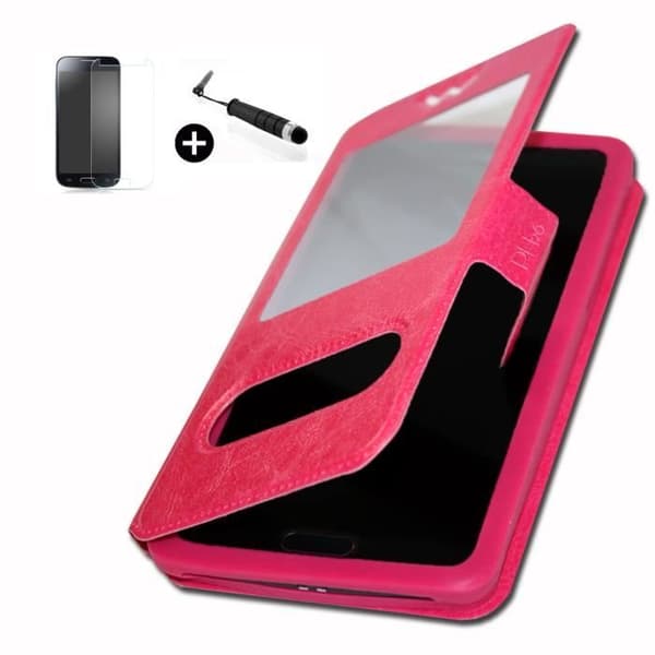 SFR STARNAUTE 3 super PACK premium Etui Folio fuchsia med fönster PU + mini stylus för touchskärm + härdat glas Hårdhet 9H, Ultra-mi...