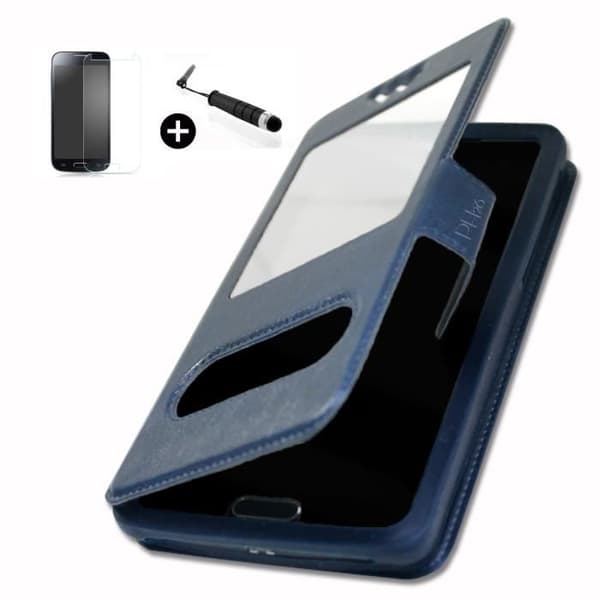 SFR STARNAUTE 3 super PACK premium Etui Folio blå med fönster PU + mini stylus för pekskärm + härdat glas Hårdhet 9H, Ultra-tunn...