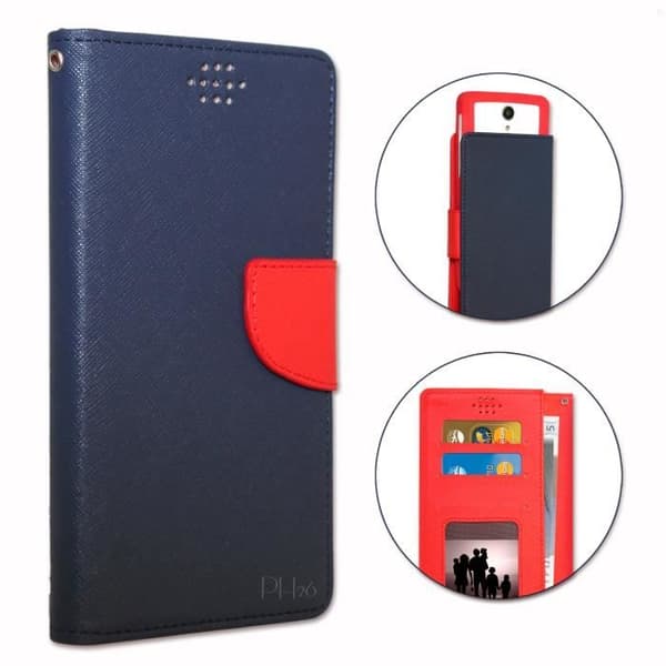 Etui Housse Folio - Huawei - P8 Lite ALE-L04 - Syntetiskt Texturerat Läder - Marinblå och Röd - Magnetisk
