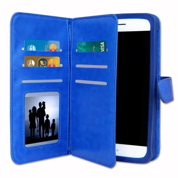 PH26® Folio fodral för ZTE V3 Extreme Edition plånboksformat i blått ekoläder med dubbel invändig korthållarflik,