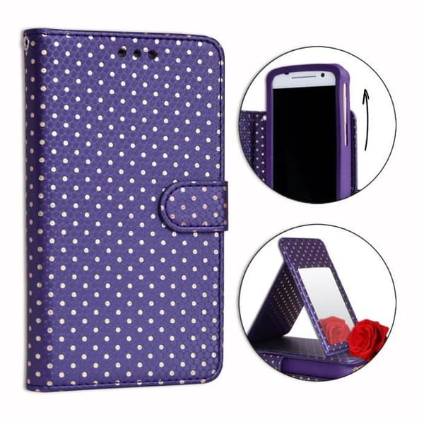 Housse folio - PH26® - Huawei Y9 (2018) - Ekologisk läder lila - Gyllene prickar - Fack för kort och spegel