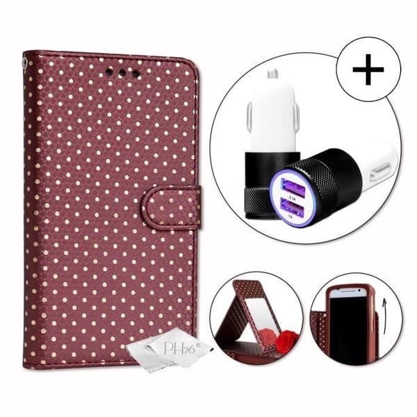 PH26® Super Pack Folio fodral för guldprickiga i brunt eko-läder med korthållare, spegel + billaddare Cigarettändare