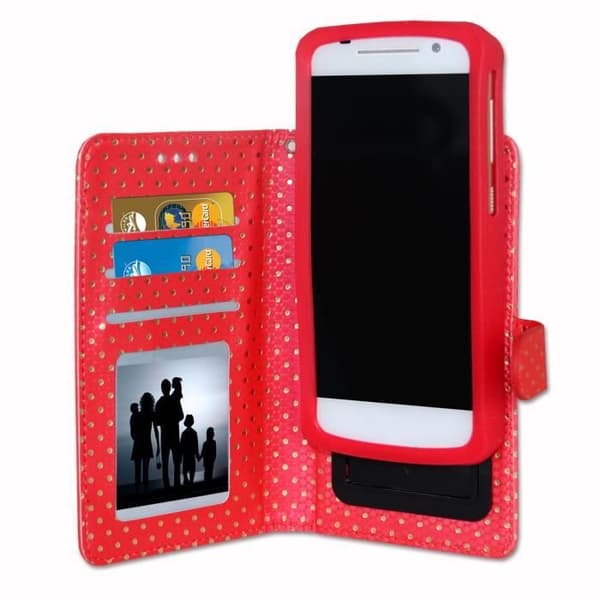 Housse folio - PH26® - Xiaomi Redmi Note 5A - Ekoskinn röd - Gyllene prickar - Inbyggd spegel