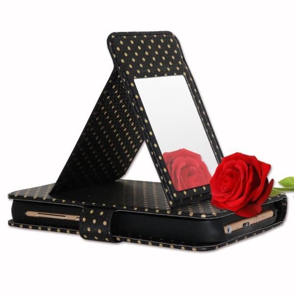 Housse folio - PH26® - Xiaomi Black Shark - Ekologiskt läder svart - Guldprickar - Inbyggd spegel