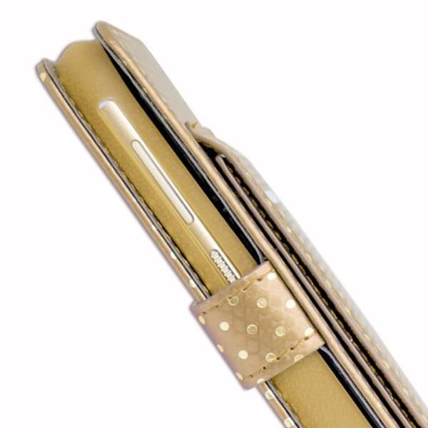 PH26® Folio fodral till Motorola E4 MT6737 med guldprickar i guld eko-läder med korthållare, spegel och synliga sömmar