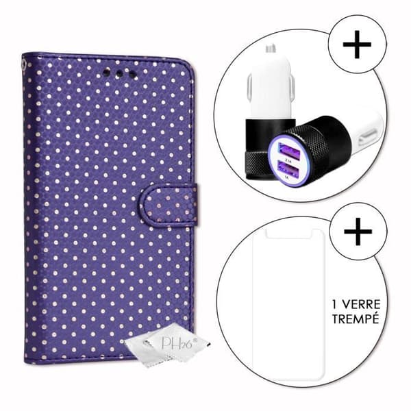 PH26® Super Pack Folio fodral för guldprickar i lila eko-läder med korthållare, spegel + 1 MAXIMAL hårdhet härdat glas,