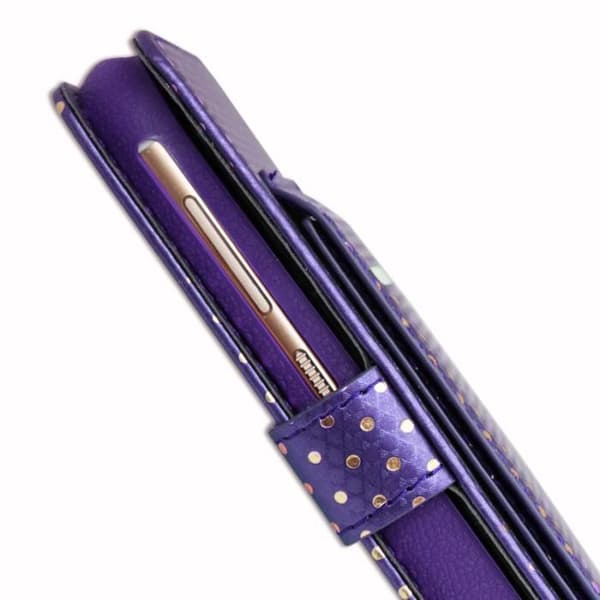 PH26® Super Pack Folio fodral för guldprickiga i lila eko-läder med korthållare, spegel + billaddare Cigarettändare