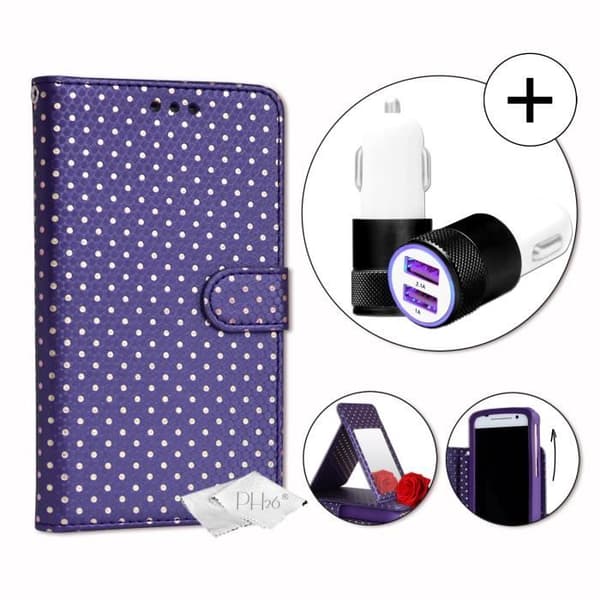 PH26® Super Pack Folio fodral för guldprickiga i lila eko-läder med korthållare, spegel + billaddare Cigarettändare
