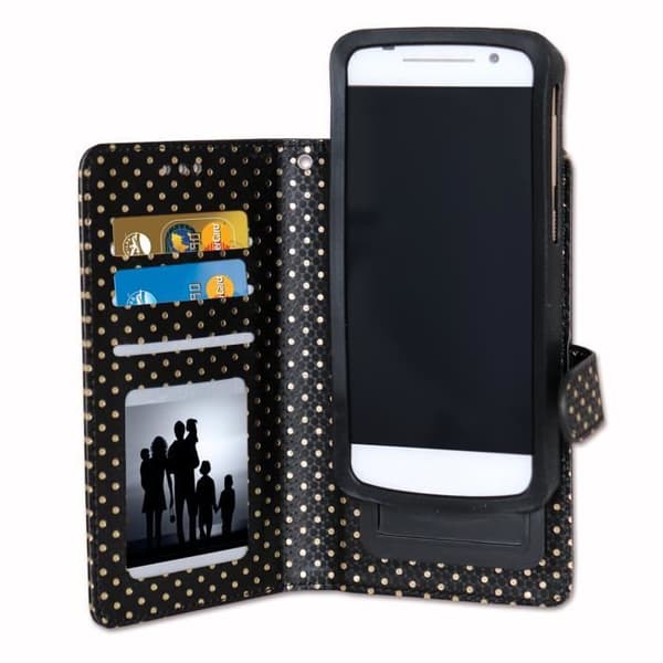 Husse folio - PH26® - Galaxy Core Prime VE - Ekologiskt läder - Svart med guldprickar - Videostöd