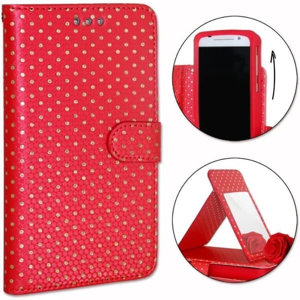 Hölster för LG V50S ThinQ - PH26® - Ekoskinn - Röd - Fickor för kort - Spegel
