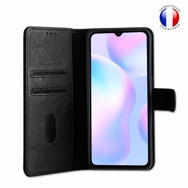 Plånboksfodral dedikerat till Xiaomi Redmi 9A med magnetisk flik, kortlagring och videostöd - Svart