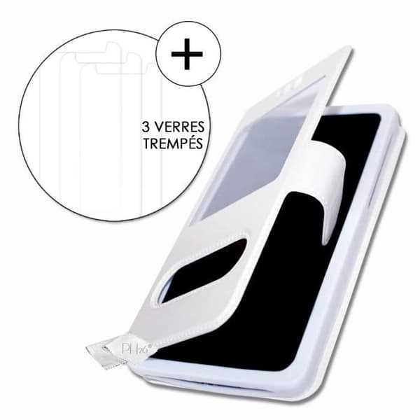 Super Pack-fodral för Xiaomi Redmi 8A Dual Extra Slim 2 Eco-läderfönster + 3 högtransparens skyddsglasögon VIT