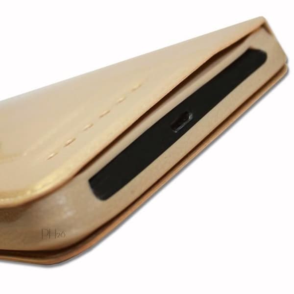 Super Pack Cover för Oppo Reno Z Hello P90 Extra Slim 2 Eco läderfönster + 2 högtransparens skyddsglasögon GULD GULD