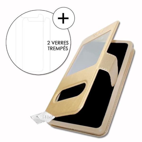 Super Pack Cover för Oppo Reno Z Hello P90 Extra Slim 2 Eco läderfönster + 2 högtransparens skyddsglasögon GULD GULD