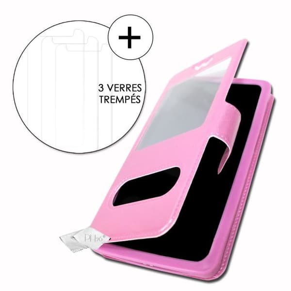 Super Pack-fodral för Motorola Moto G Stylus Extra Slim 2 Eco-läderfönster + 3 högtransparens skyddsglasögon FUSHIA PINK
