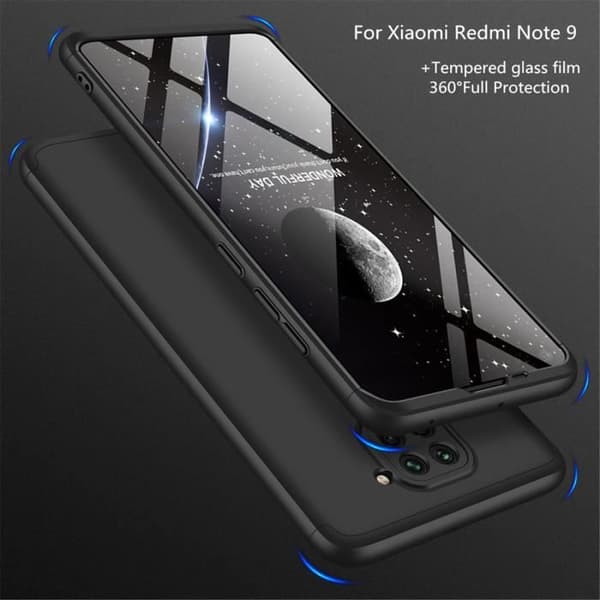 Coque Xiaomi Redmi Note 9, coque + Tempererat glas 360 graders skydd PC hård bälg - Svart
