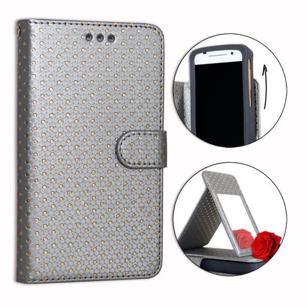 Foliofodral - PH26® - Samsung Galaxy Core Prime VE - Ekoskinn - Silver med gyllene prickar - Videostöd
