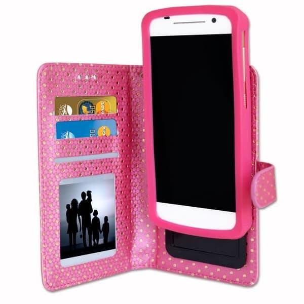 PH26® Fuchsia foliofodral med guldprickar till Storex S'Phone QC50 i eko-läder med korthållare, spegel och synliga sömmar