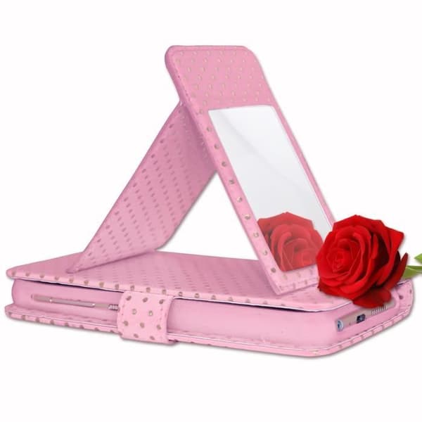 PH26® Folio fodral för ZTE Tempo Go med guldprickar i rosa ekoläder med korthållare, spegel och synliga sömmar