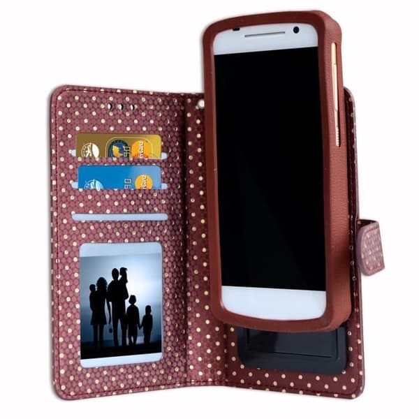 Housse folio - PH26® - LG K10 Pro - Ekologiskt läder i brun med gyllene prickar - Kortfack - Integrerat spegel