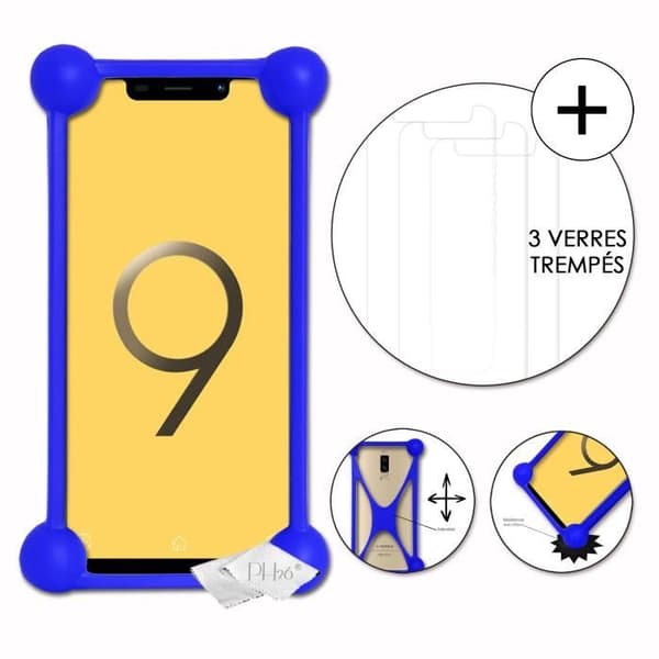 Super Pack blå stötsäker kvalitets silikon stötfångarfodral för V-Mobile S9 (2019) med 3 härdade glasögon som skyddar hårdheten
