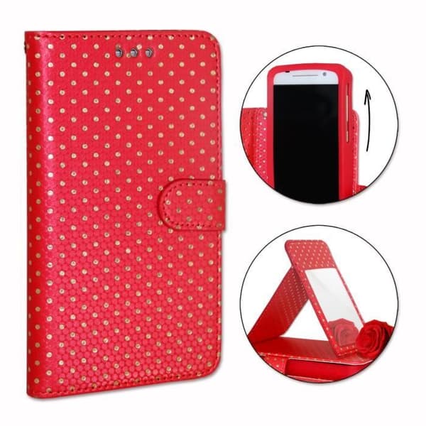 PH26® Foliofodralfodral till Xiaomi Mi 6X med guldprickar i rött ekoläder med korthållare, spegel och synliga sömmar