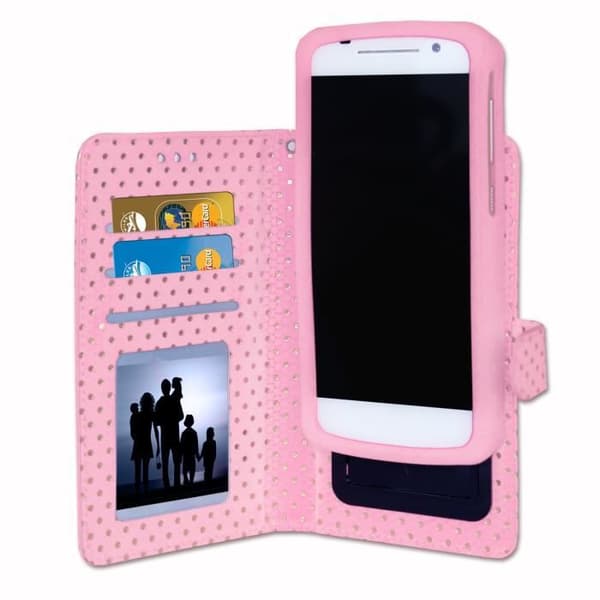 PH26® Rosa foliofodral med guldprickar till Sony Xperia P i ekoläder med korthållare, spegel och synliga sömmar